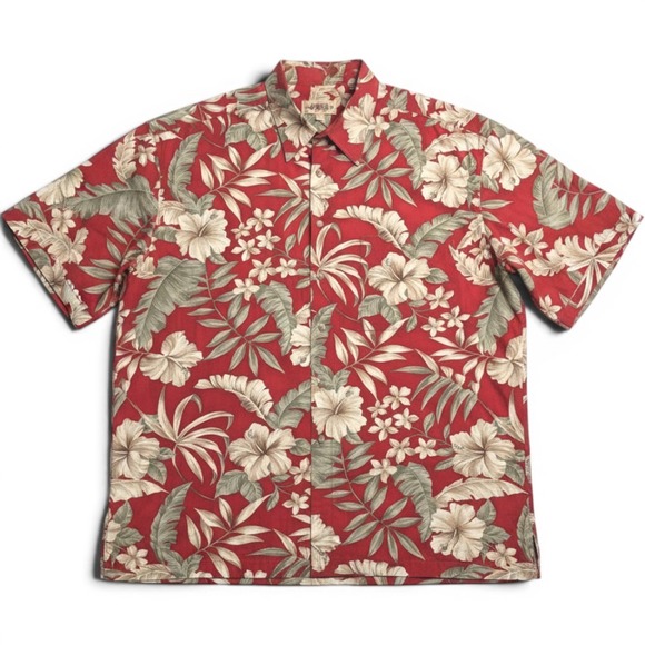 Urban Other - Maroon Tropical Hibiscus Palm Leaf Print  Short Sleeve Button Down Shirt XXL